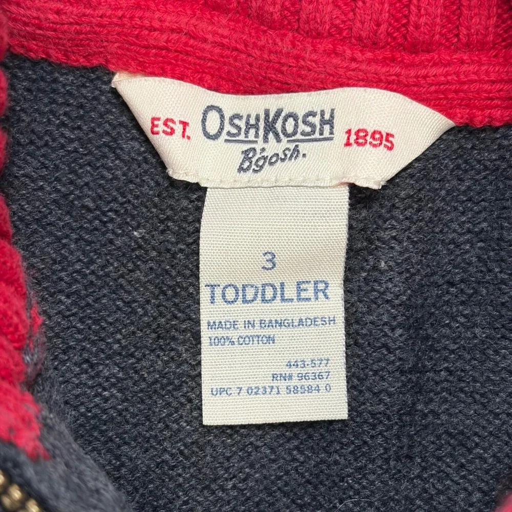OshKosh B'gosh Toddler Boy 3T Gray Quarter Zip Cotton Sweater Red Stripe